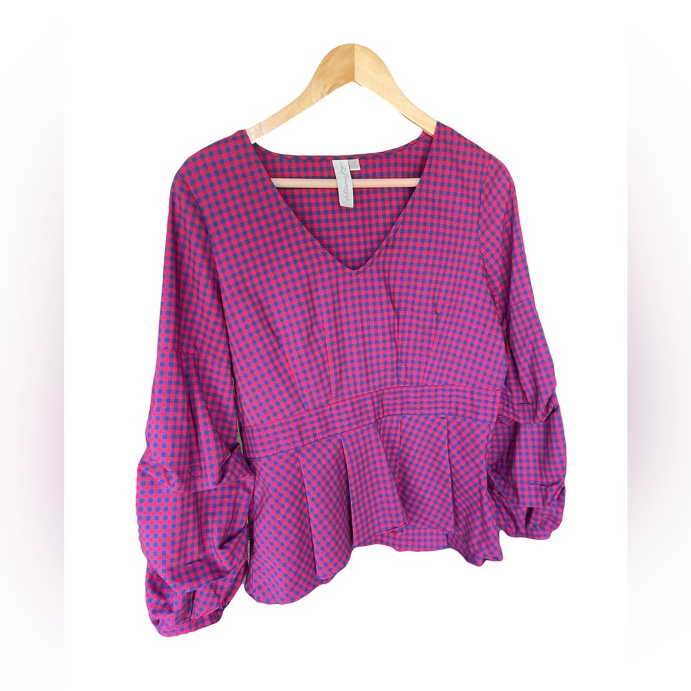 Allison Joy Gingham Peplum Balloon Sleeve Blouse